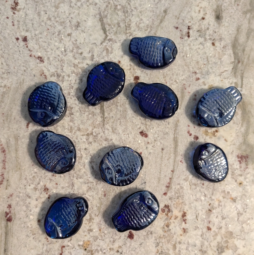 Blue Iridescent Fish Shaped Glass Discs 10 Pcs Handmade Vase Aquarium Craft VTG